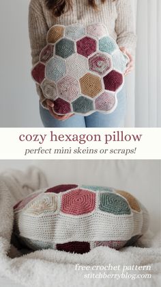 a woman holding a crocheted pillow with the words cozy hexagon pillow on it