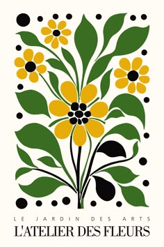 a yellow flower with green leaves and dots in the background, on a white background