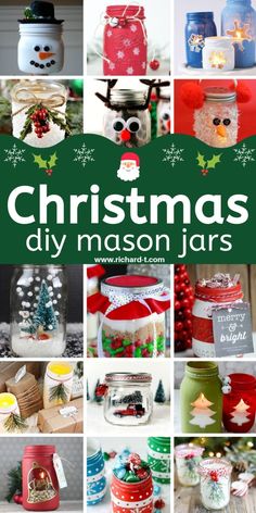 christmas mason jar crafts with text overlay that reads, christmas diy mason jars