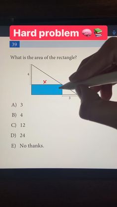 someone is using a pen to draw a rectangle on a computer screen with the words, hard problem what is the area of the rectangle?