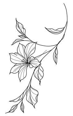 a black and white drawing of flowers on a branch with the moon in the background