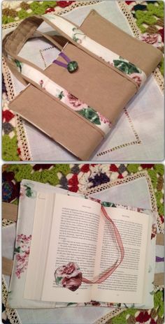 an open book sitting on top of a table next to a flowered cloth covered bag