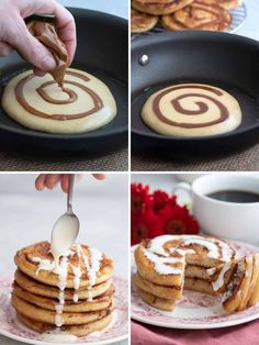 the process of making pancakes with icing being drizzled over them and then topped with cinnamon rolls