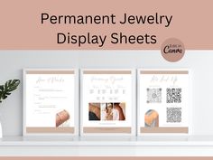 the permanent jewelry display sheets are displayed on a shelf next to a potted plant