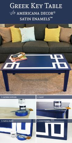 a coffee table with blue and white paint on it