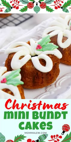 christmas mini bundt cakes with white frosting and holly decorations on top, sitting on a plate