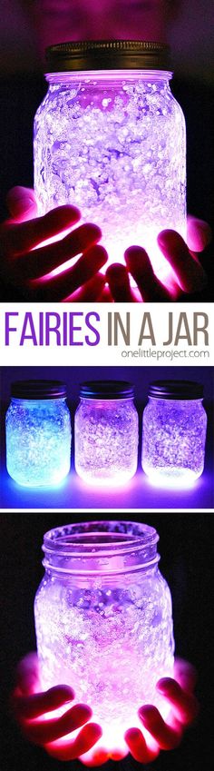 two jars with glowing lights inside them and the words fairies in a jar above it