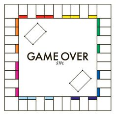 the game over logo is shown in black, white and orange squares on a white background