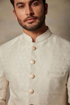 Shop for Gargee Designers White Polyester Viscose Full Sleeve Sherwani Set for Men Online at Aza Fashions Ivory Sherwani, Geometric Motifs, Full Sleeves, White Beige, Cotton Silk, Aza Fashion, Full Sleeve, Sleeve Type, Patch Pocket