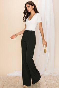 Spring Party Wide-leg Dress Pants, Elegant Summer Wide Leg Elastane Pants, Chic Solid Color Office Pants, Chic Solid Color Pants For Work, Fitted Elastane Dress Pants For Summer, Formal Black Bottoms, Elegant Black Pants For Spring, Elegant Spring Pants In Elastane, Chic Solid Color Wide Leg Pants For Office