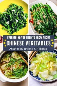 there are many different types of vegetables in the pictures and text overlay reads everything you need to know about chinese vegetables