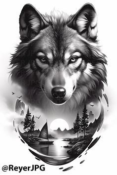 a black and white drawing of a wolf's face with the moon in the background