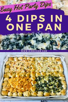 four dips in one pan with text overlay that says easy hot party dips