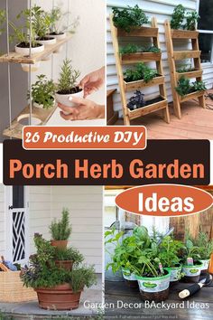 Back Porch Herb Garden, Herbs On Porch, Herb Stand Outdoor, Front Porch Herb Garden Ideas, Herb Garden On Deck, Porch Herb Garden Ideas, Diy Herb Garden Outdoor, Courtyard Herb Garden