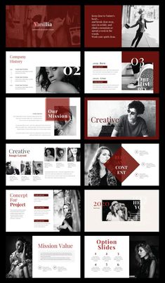 a large group of red and white presentation slideshows with different images on them