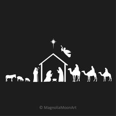 a nativity scene with the birth of jesus and three wise men in silhouette on a black background