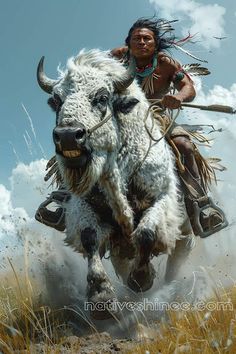 a native american man riding on the back of a white buffalo in an open field