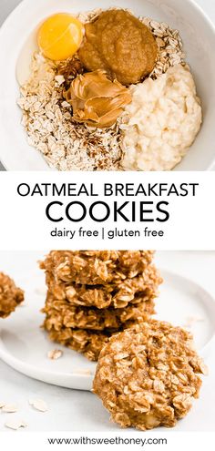 oatmeal breakfast cookies are stacked on top of each other in a white bowl