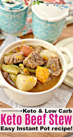 keto and low carb beef stew in a white bowl