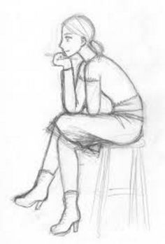 a pencil drawing of a woman sitting on a stool with her hand under her chin