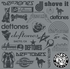 various logos and stickers on a gray background