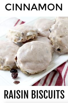 cinnamon raisin biscuits on a white plate with text overlay that reads, cinnamon raisin biscuits