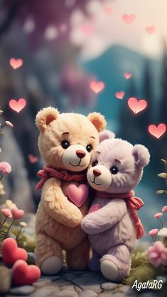 two teddy bears sitting next to each other with hearts in the air and trees behind them