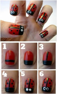 Ladybugs- would like design on one nail and not all of them Ladybug Nail Art, Ladybug Nails, Nail Art Tutorials, Animal Nail Art, Creative Nail Designs, Animal Nails, Simple Nail Art Designs, Nails For Kids, Diy Nail Art