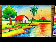 a drawing of a house next to a lake with trees and sun in the background