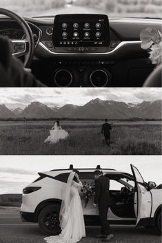 black and white wedding photos taken from inside the car