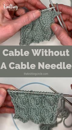 someone crocheting the cable on a piece of yarn with text overlay that reads, cable without a cable needle