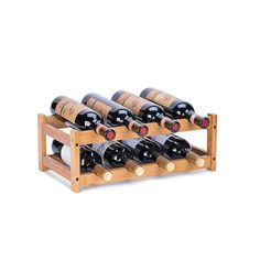 a wooden wine rack with twelve bottles of wine in it on a white background,