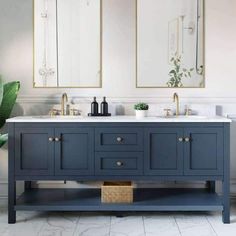 a bathroom with two sinks and mirrors on the wall next to a potted plant