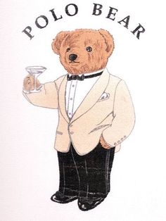 a teddy bear in a tuxedo holding a martini glass with the words polo bear on it