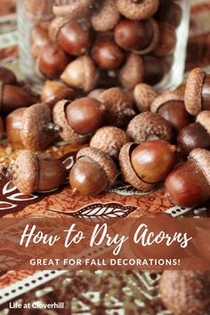 some acorns are sitting on a table with the words how to dry acorns great for fall decorations