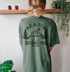 Comfort Colors Acadia National Park Tshirt, Maine Vacation Shirts, National Parks Apparel, Nature Themed Gifts for Women, Hiking Camping For an oversized fit, consider ordering 1-2 sizes larger than you normal size. Please see our size chart in photos for sizing. ::GARMENT INFO:: .:Comfort Colors Brand Tee  .:Super soft 100% Cotton .:Preshrunk, soft-washed, garment-dyed fabric .:T-shirt won't stretch out overtime; wear your tee for years to come! .:Created with materials within the U.S.A. ::DESI Granola Graphic Tees, Camping T Shirt Design, Green Cotton Tops For Outdoor Activities, Green Cotton Top For Outdoor Activities, Cotton Tops With Front Print For Outdoor Activities, National Parks Shirt, Green Crew Neck Top For Outdoor, Green Short Sleeve Tops For Outdoor, Green Cotton Tops For Outdoor