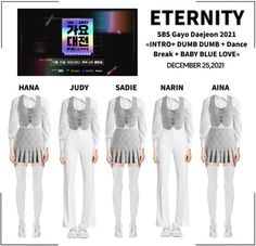 an advertisement for the upcoming album, featuring four different styles of clothes and their names