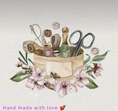 a drawing of some scissors and other items in a basket with flowers on the side