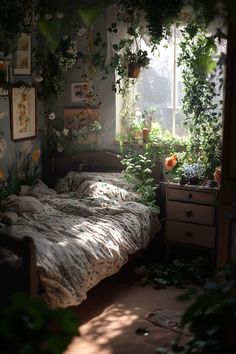 an unmade bed sitting in a bedroom next to a window with potted plants on it