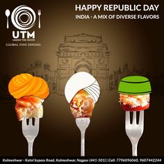 three forks with different foods on them and the words happy republic day written in white