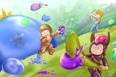 some cartoon characters are playing in the grass with bubbles and water droplets around them,