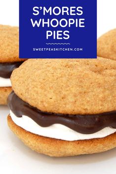 two cookies with chocolate frosting on them and the words smores whoopie pies