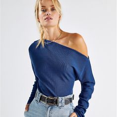 Free People Off The Shoulder Waffle Knit Shirt. New With Tags. Size Small Chic Blue Ribbed Sweater, Blue Knit Top For Spring, Blue Ribbed Sweater For Spring, Blue Long Sleeve Ribbed Top, Chic Blue Ribbed Top, Casual Denim Blue Top For Layering, Trendy Blue Ribbed Sweater, Spring Navy Ribbed Top, Spring Ribbed Navy Tops