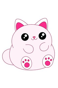 a pink cat with big eyes and paws on it's chest, sitting down