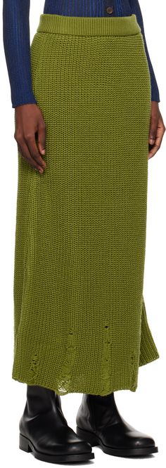 Rib knit wool-blend skirt. · Distressing throughout · Elasticized waistband Supplier color: Green Organza Midi Skirt, Green Plaid Skirt, Green Midi Skirt, Distressed Skirt, Latest Skirts, Mid Length Skirts, Black Midi Skirt, Dream Board, Green Skirt