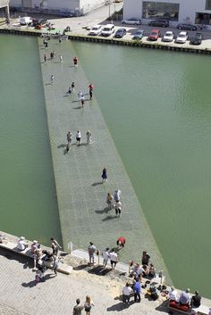 people walking along the edge of a body of water