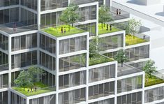 an aerial view of a building with many balconies and trees on the roof