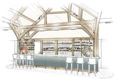 an architectural rendering of a bar with stools