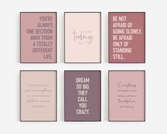 six pink and purple cards with different sayings