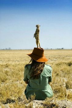 a woman sitting in the middle of a field with a dog on top of her head